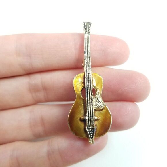 Vintage Guitar Shaped Brooch, Silver Tone Enamel, String Instrument, Music - Picture 1 of 5